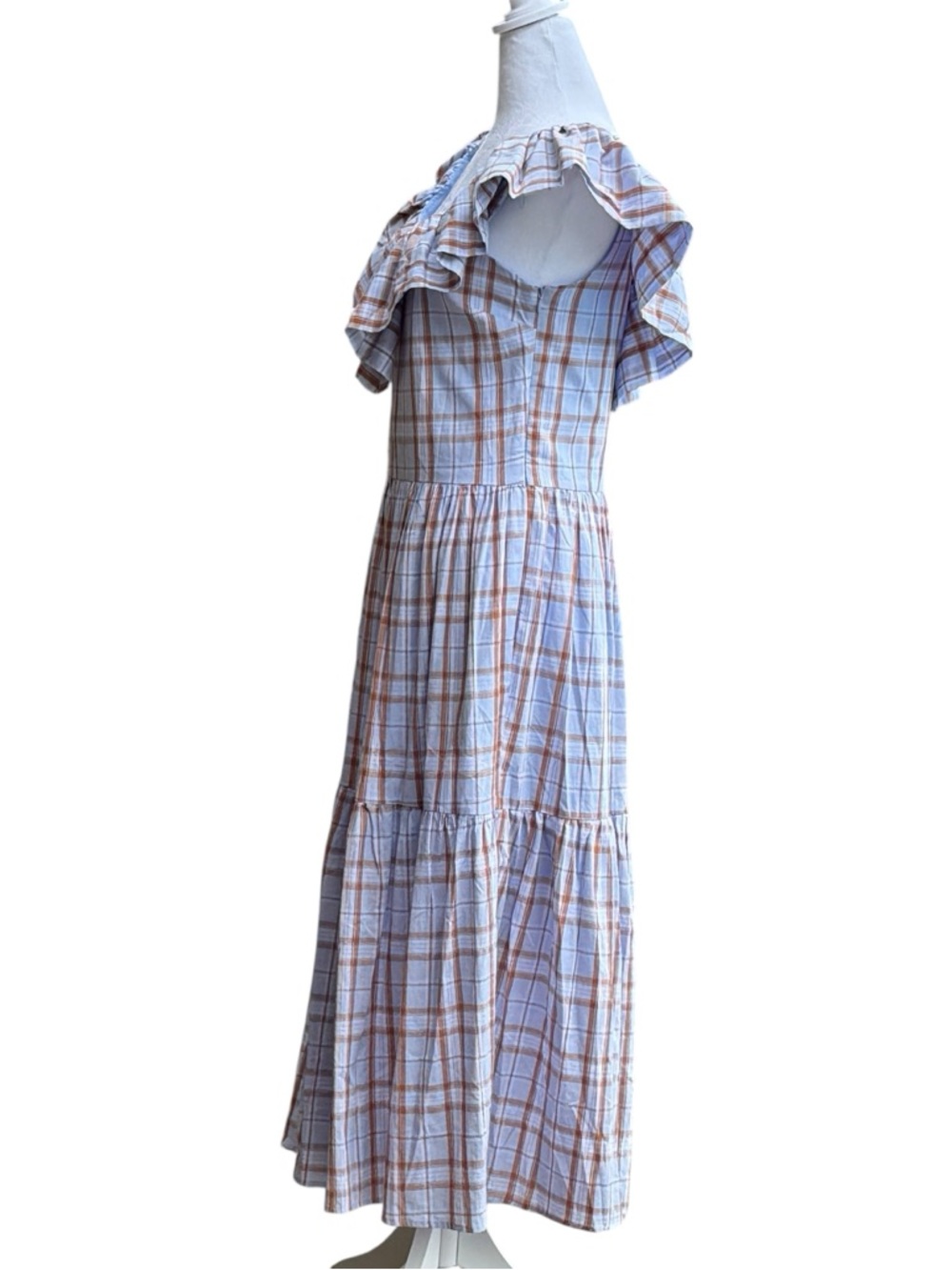 NWT English Factory Plaid Ruffle Midi Dress in Light Blue and Tan size Small - Picture 5 of 14